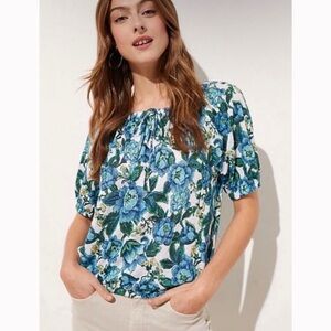 Loft Floral Shirred Linen Top Women’s XS Blue Green Spring